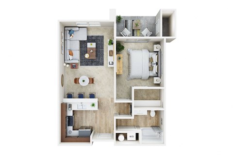 Floor plan for 1 bed, 1 bath, 653 sqft